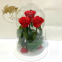 Букет три червоні троянди в колбі Lerosh - Grand 33 см на білій підставці