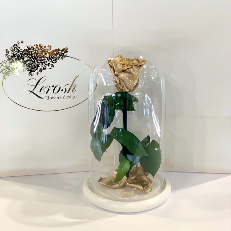 Золота троянда в колбі Lerosh - Classic 27 см білій підставці