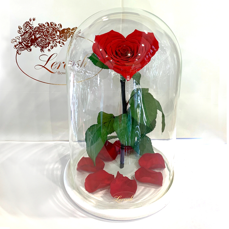 Red Eternal Rose in Heart Flask Lerosh - Lux 33 cm on a white stand