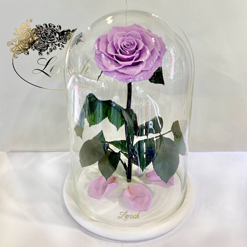 Lilac Eternal Rose in Flask Lerosh - Lux 33 cm on a white stand