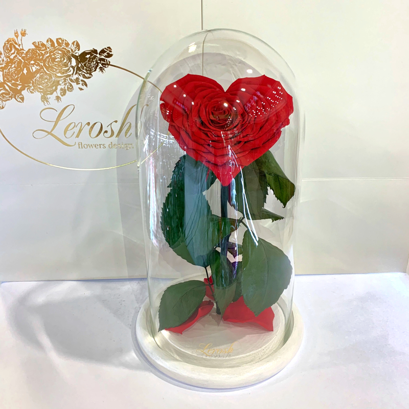 Red Eternal Rose in Flask Heart Lerosh - Premium 27 cm on a white stand